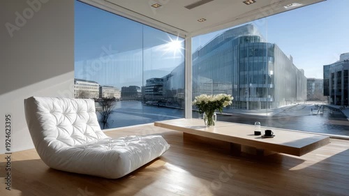 Wallpaper Mural Modern interior featuring white furniture, large window with city view, sunlight reflecting Torontodigital.ca