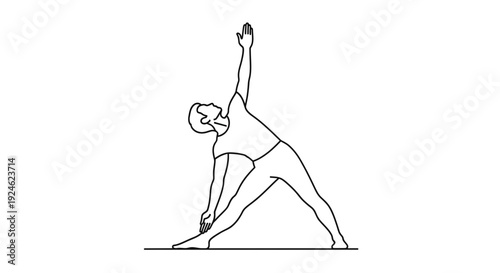 Man practicing Triangle Pose (Trikonasana) yoga on white background, line art illustration