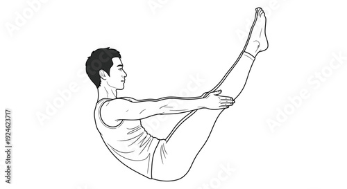 Man practicing yoga, performing boat pose (Paripurna Navasana) in a studio, line art illustration.