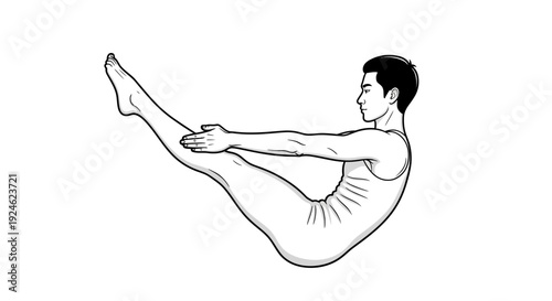 Man practicing yoga boat pose (Paripurna Navasana) in a studio, black and white