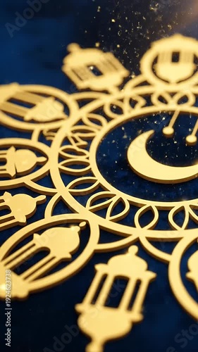 Golden Ramadan Lanterns Crescent Moon Islamic Pattern Loop Animation