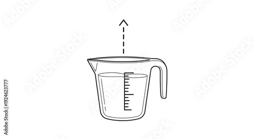 Measuring cup with liquid and upward arrow indicating volume measurement
