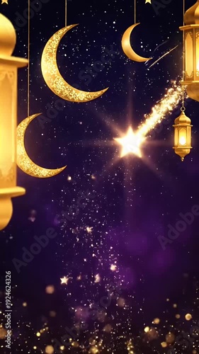 Golden Ramadan Lanterns Crescent Moon Stars Glittering Night Sky Loop