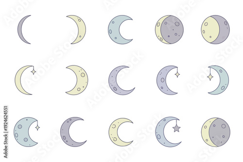 Moon Phases Collection in Pastel Colors with Stars and Simple Shapes for Astrology and Lunar Cycle Illustrations