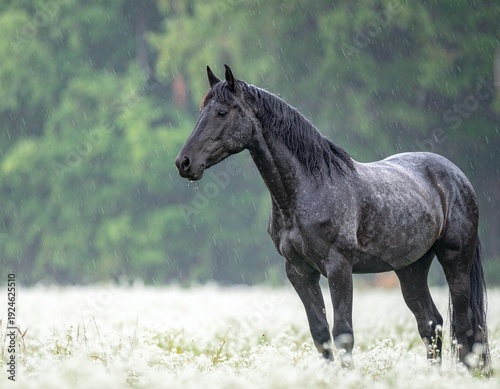 Majestic Black Horse Standing Gracefully in a Serene Meadow with Lush Greenery in the Background.