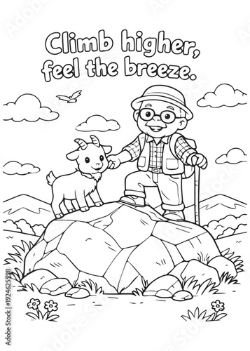coloring book grandpa standing on a hilltop with his goat companion, enjoying the breeze