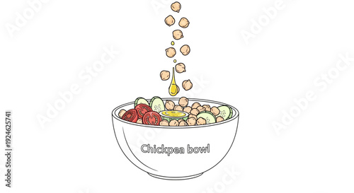 Healthy Chickpea Bowl with Fresh Vegetables and Dressing Falling from Above