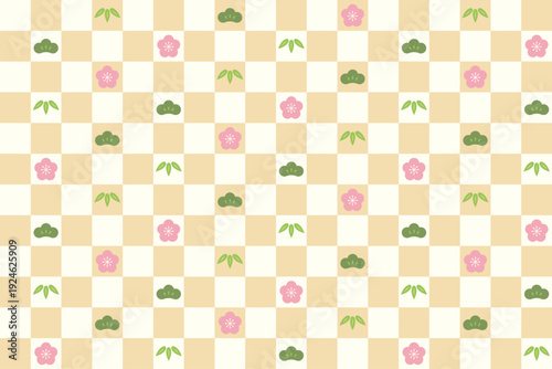 松竹梅の模様が入った市松模様の和柄シームレスパターン　春をイメージした淡い色の和風の背景画像ベクターイラスト