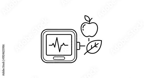 Healthy Lifestyle Icon: Heartbeat Monitor, Apple, and Leaf - Digital Health and Wellness