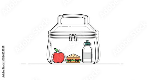 Healthy Lunch Box with Apple, Sandwich, and Water Bottle - Clean Illustration