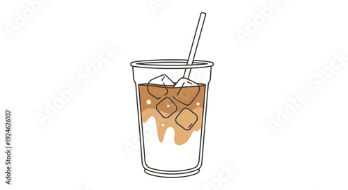 Iced Coffee Drink in a Clear Plastic Cup with Straw and Ice Cubes