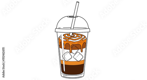 Iced Coffee Drink with Caramel Drizzle and Ice Cubes in a Clear Plastic Cup with Straw
