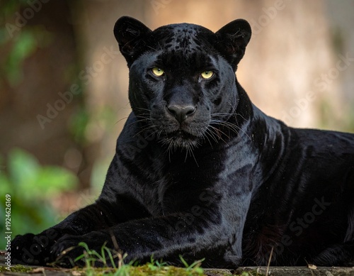 Majestic Black Panther Resting in Lush Greenery, Eyes Focused, Powerful Presence.