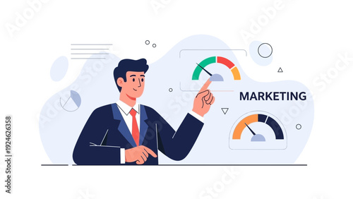 Businessman analyzing marketing performance on dashboard with gauges
