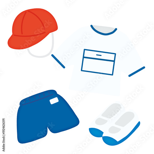 小学生のアイテムイラストセット|赤白帽・体操服・上履き/Elementary school student item illustration set
