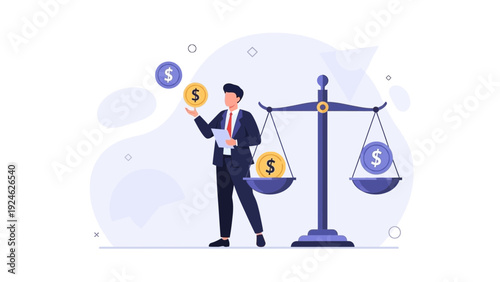 Businessman Balancing Money on Scales, Financial Concept