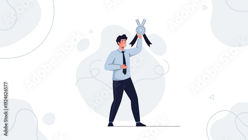 Businessman celebrates winning a medal, achievement, success, victory, award