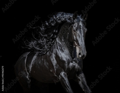 Majestic Black Stallion in Dynamic Motion Against a Dark Backdrop.