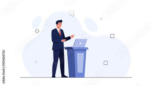 Businessman giving presentation at podium with laptop