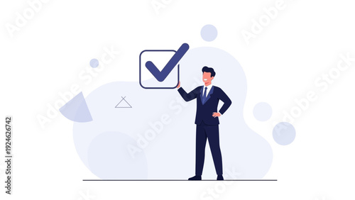 Businessman holding a checkmark in a square, concept of success and approval
