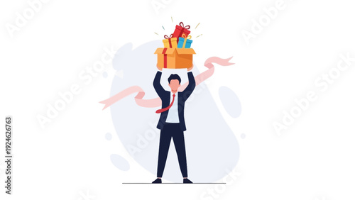 Businessman Holding Gift Box Full of Presents and Ribbons