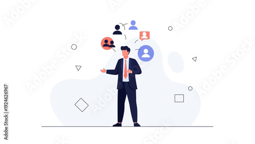 Businessman juggling people, communication, networking, social media icons