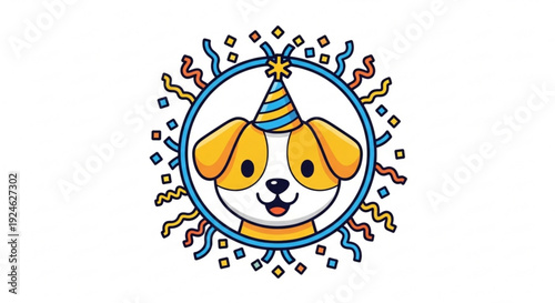 Happy dog wearing party hat surrounded by colorful confetti and streamers on white background