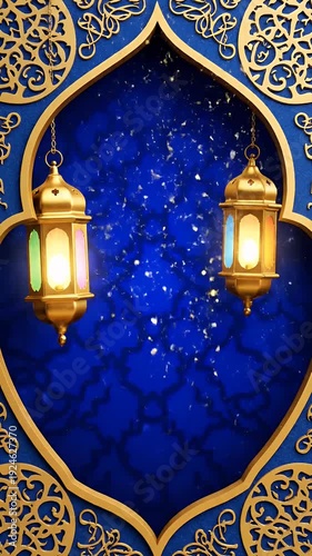 Golden Ramadan Lanterns Ramadan Mubarak Festive Blue Pattern Background Motion Graphic