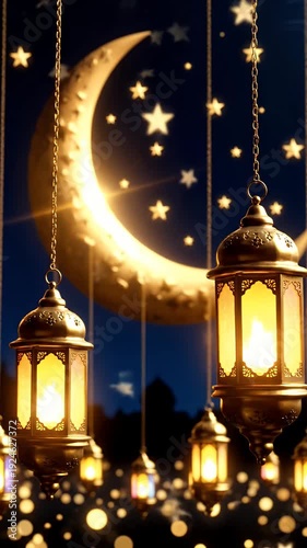 Golden Ramadan Lanterns Sparkle Beneath a Glorious Crescent Moon