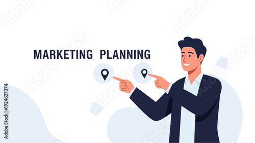 Businessman pointing at marketing planning icons, strategy, business concept