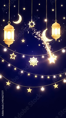Golden Ramadan Lanterns Stars Moon String Lights Dark Blue Night Background
