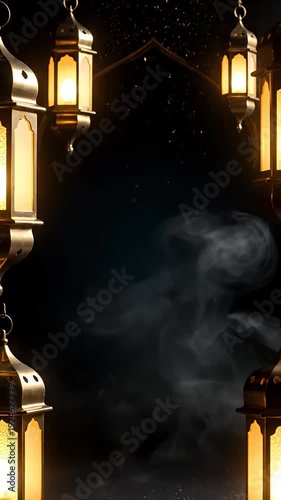 Golden Ramadan Lanterns Smoke Particles Dark Background Cinematic Loop