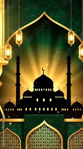 Golden Ramadan Lanterns Shine On Mosque Silhouette With Green Background