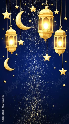 Golden Ramadan Lanterns Stars Moon Festive Night Blue Background Loop
