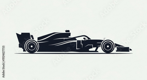 Black silhouette of a sleek racing car speeding on a white background conveying speed and competition