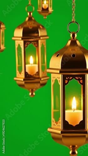 Golden Ramadan Lanterns with Candles Glow on Green Screen Footage