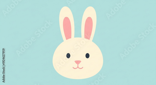 Cartoon bunny head with pink ears and nose on a light blue background smiling sweetly