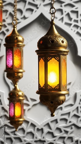 Golden Ramadan Lanterns With Colorful Glass Shine Brightly On White Background