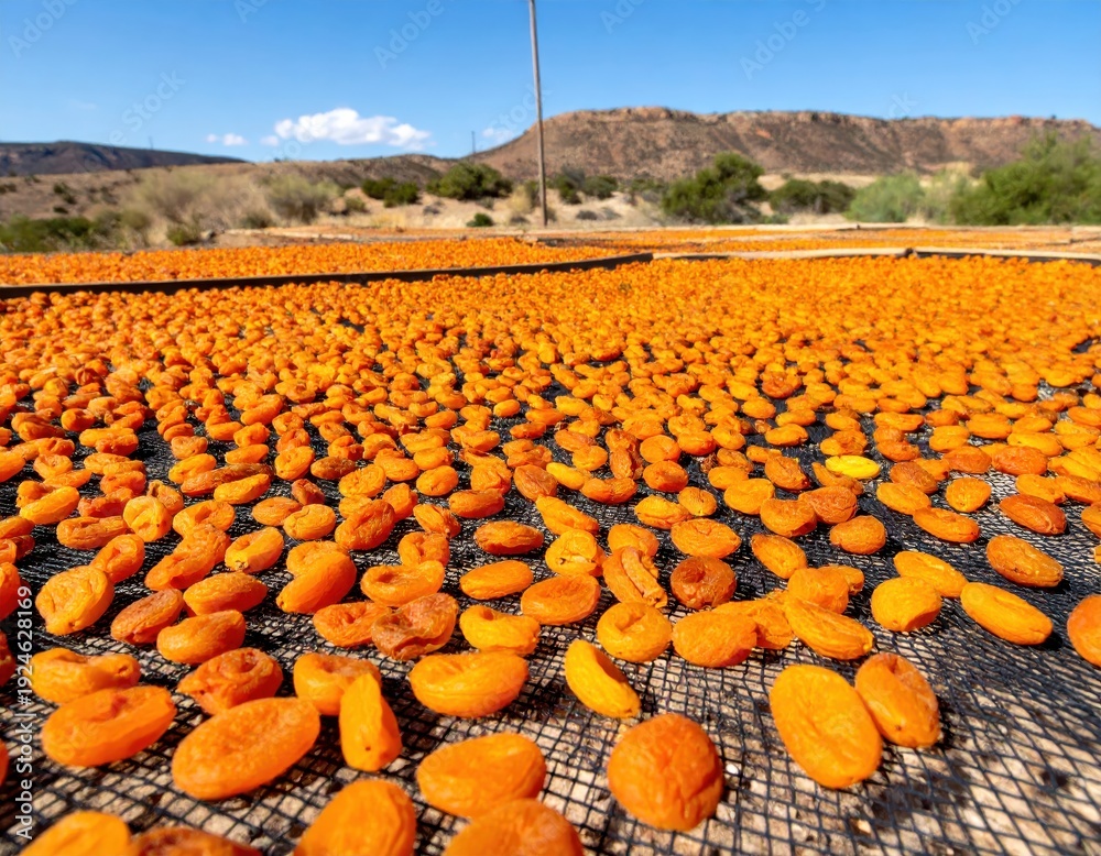 Fototapeta premium Sun dried apricots on mesh outdoors with desert landscape