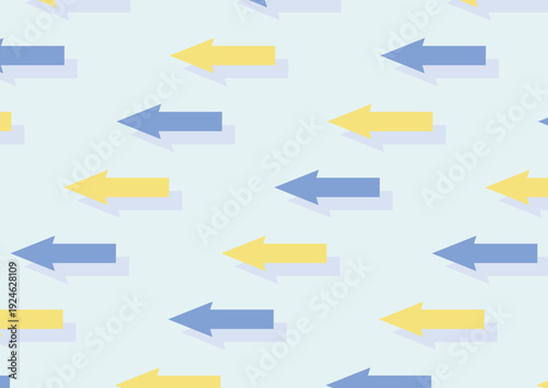 左方向に進む黄色と青の矢印が規則正しく並んでいるデザイン