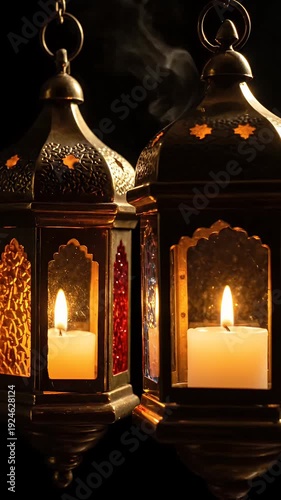 Golden Ramadan Lanterns with Lit Candles Smoke Wisps Dark Background Cinematic