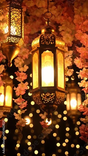 Golden Ramadan Lanterns With Pink Flowers And Bokeh Lights