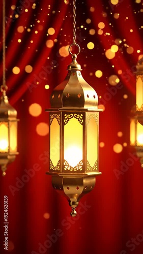 Golden Ramadan Lanterns with Red Curtains Bokeh Lights