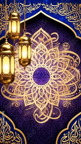 Golden Ramadan Lanterns with Islamic Geometric Pattern and Glowing Flower