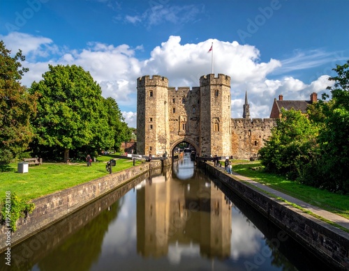 Majestic Bodiam Castle in England, Reflecting in the Calm Waters of the Moat, Under a Blue Sky.