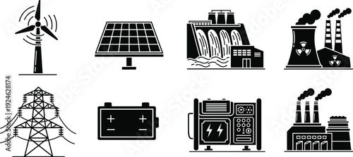 Black silhouette vector icons set of renewable energy sources and power generation industry including wind turbine solar panel hydroelectric dam nuclear plant electric grid battery generator.