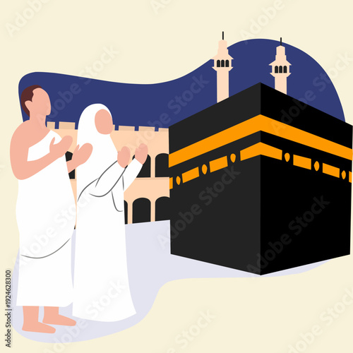 Muslim Couple Praying in Front of Kaaba at Masjid Al-Haram Mecca, Hajj and Umrah Pilgrimage Concept Flat Vector Illustration