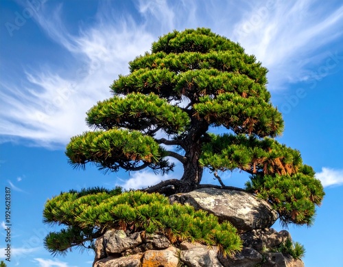 Majestic Bonsai Tree Perched Atop a Rocky Outcrop Against a Vibrant Blue Sky.
