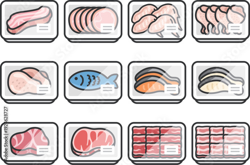 スーパーのパックに入った、鮮魚とお肉のアイコン（線画カラー）のイラストセット