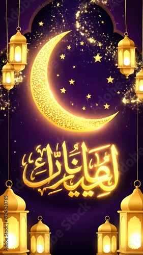 Golden Ramadan Moon Crescent Stars Arabic Calligraphy Lanterns Festive Loop Footage